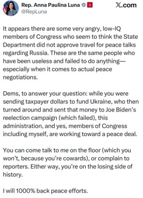 Член палаты представителей конгресса США Анна Паулина Луна - о том, что план демократов по срыву переговоров по Украине провалился:
