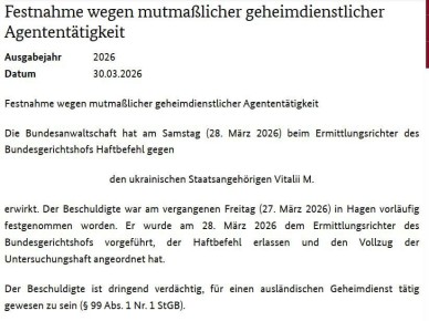 В Германии задержали некоего гражданина Украины Виталия, которого обвиняют в шпионаже за проживающим там всушником для проведения русскими спецслужбами операций против этого всушника в будущем
