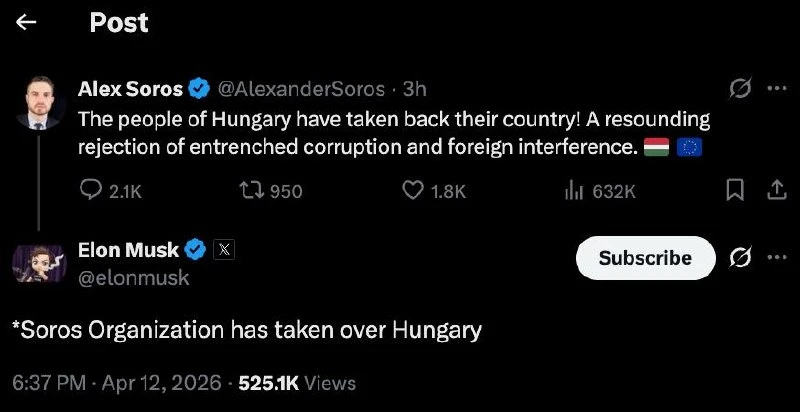 Маск заявил о «захвате Венгрии структурами Сороса» после выборов