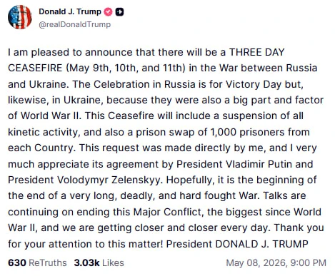 Дональд Трамп заявил о трёхдневном перемирии между Россией и Украиной в честь Дня Победы — с 9 по 11 мая