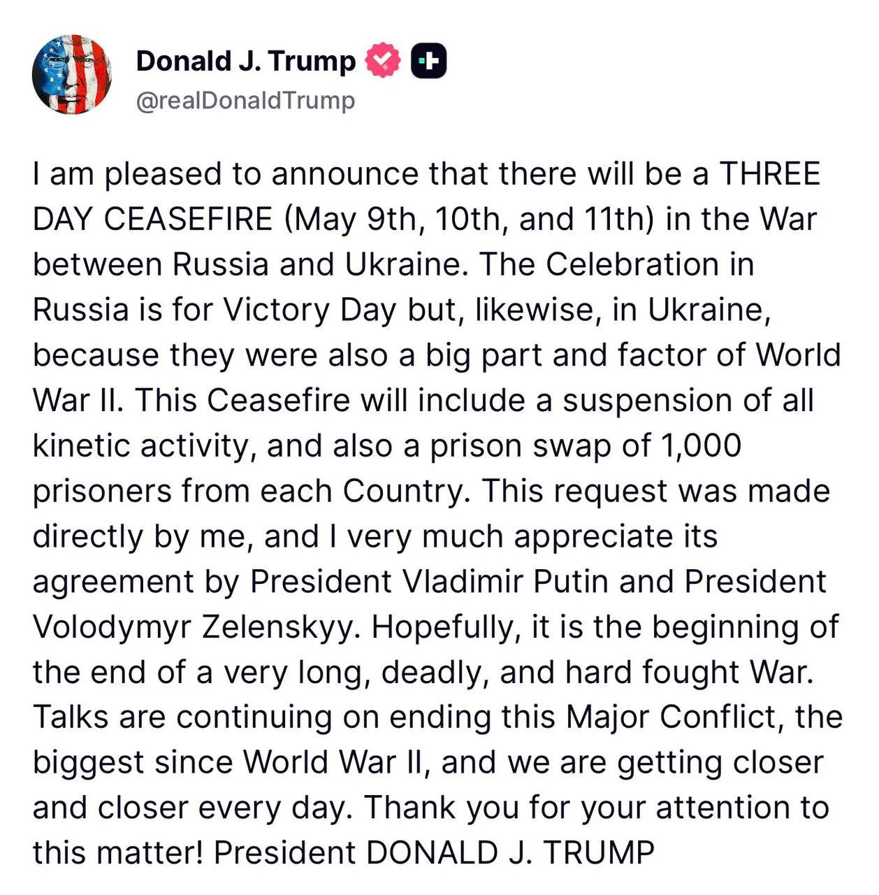 Президент США Дональд Трамп заявил, что обратился к России и Украине с просьбой провести обмен пленными по формуле «1000 на 1000» на фоне объявленного трехдневного прекращения огня