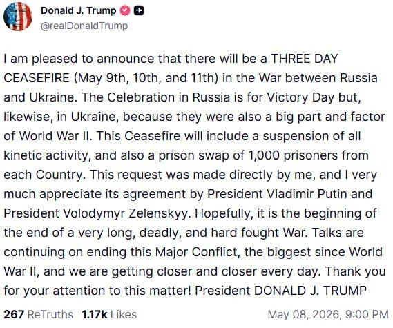 На три дня прекратят огонь Россия и Украина с 9 по 11 мая, заявил Трамп