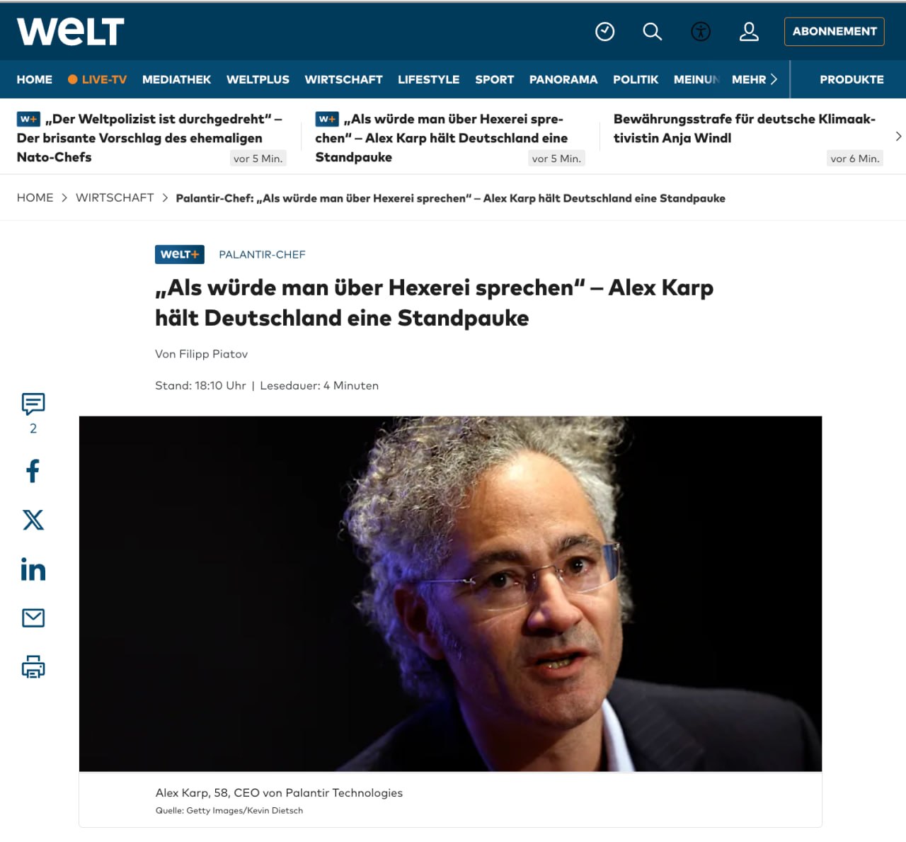 Welt: Глава AI-компании Palantir, которая занимается разведкой для Пентагона, раскритиковал Германию за то, что та игнорирует её продукты, и привёл в пример интеграцию с Украиной