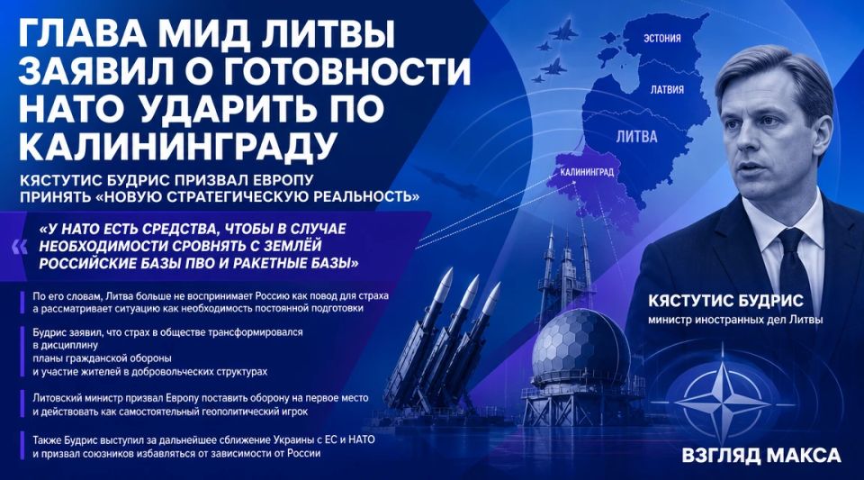 Глава МИД Литвы Кястутис Будрис в интервью швейцарскому изданию Neue Zrcher Zeitung заявил, что НАТО должно быть готово нанести удар по российским военным объектам в Калининградской области