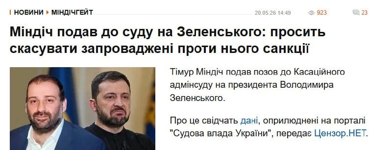 Миндич подал в суд на Зеленского