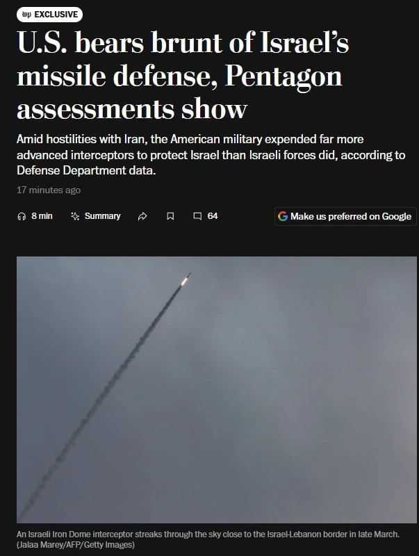 Во время боевых действий с Ираном США выпустили гораздо больше современных ракет-перехватчиков, чем Израиль, — американское издание The Washington Post