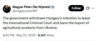 Премьер-министр Венгрии Петер Мадьяр заявил о возвращении запрета на ввоз сельскохозяйственной продукции с Украины