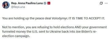 Конгрессвумен Анна Паулина Луна выступила с критикой Владимира Зеленского, обвинив его в затягивании мирного соглашения