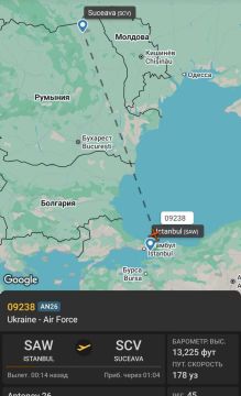 Сегодня в 14:10 мск военно-транспортный самолет Ан-26 ВВС Украины, бортовой номер 45, позывной 09238 выполнил рейс из Стамбула во Львов