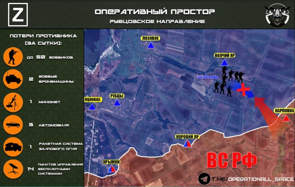 На Рубцовском направлении в Харьковской области ВС РФ отразили контратаку противника, уничтожив живую силу и технику, сообщает "Оперативный простор":