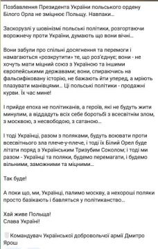 Командующий украинской добровольческой армией Ярош жестко раскритиковал президента Польши Навроцкого за лишение Зеленского Ордена Белого Орла, а также назвал их «продажными шлюхами», чье «время ещё придет»