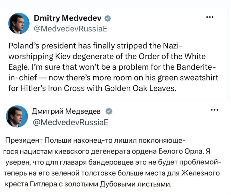 Зеленский вместо польского ордена может повесить себе Железный крест нацистов, заявил Медведев