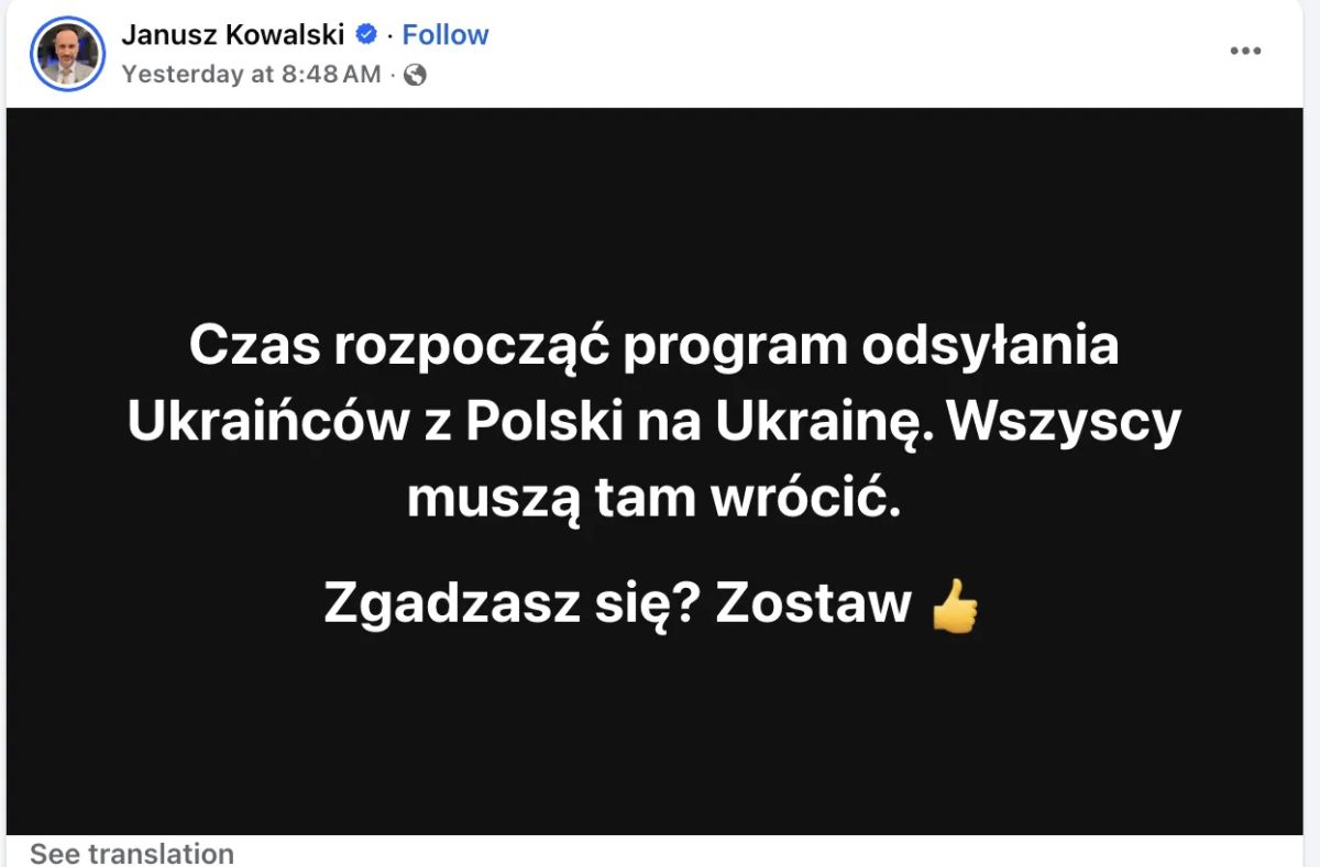 Польский депутат Януш Ковальский запустил на своей странице в соцсетях голосование на тему выдворения украинских беженцев на Украину