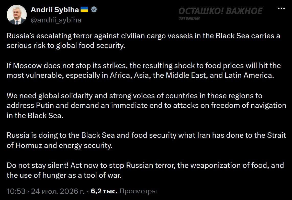 «Не молчите!»: глава МИД Украины под страхом голода призывает Африку заставить Россию перестать атаковать суда в Чёрном море