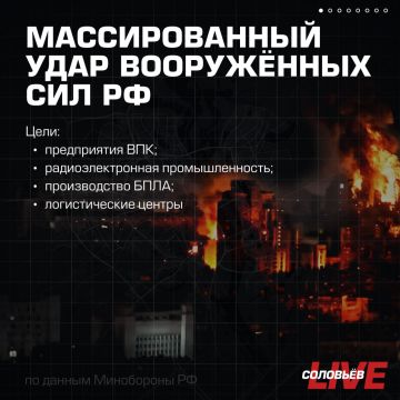 Минобороны сообщило, что минувшей ночью ВС РФ нанесли массированный удар высокоточным оружием наземного и морского базирования, а также ударными БПЛА по предприятиям военной промышленности и логистическим центрам в Киеве и...
