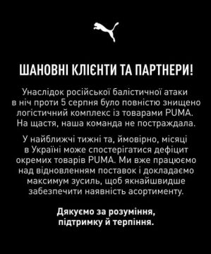 Логистический комплекс с товарами PUMA полностью уничтожен, — ретейлер товаров бренда на Украине