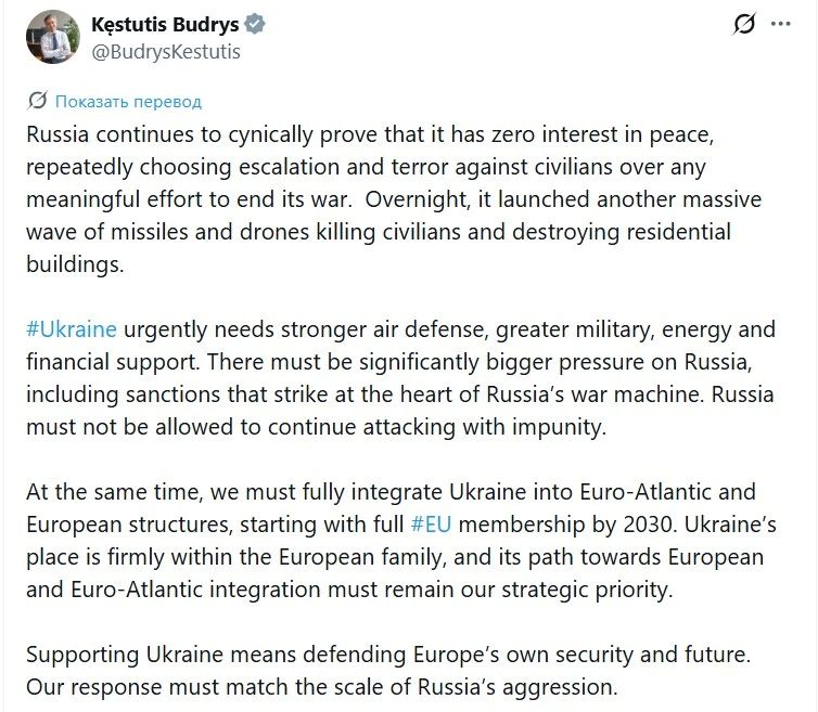 Глава МИД Литвы Будрис хочет принять Украину в ЕС к 2030 году