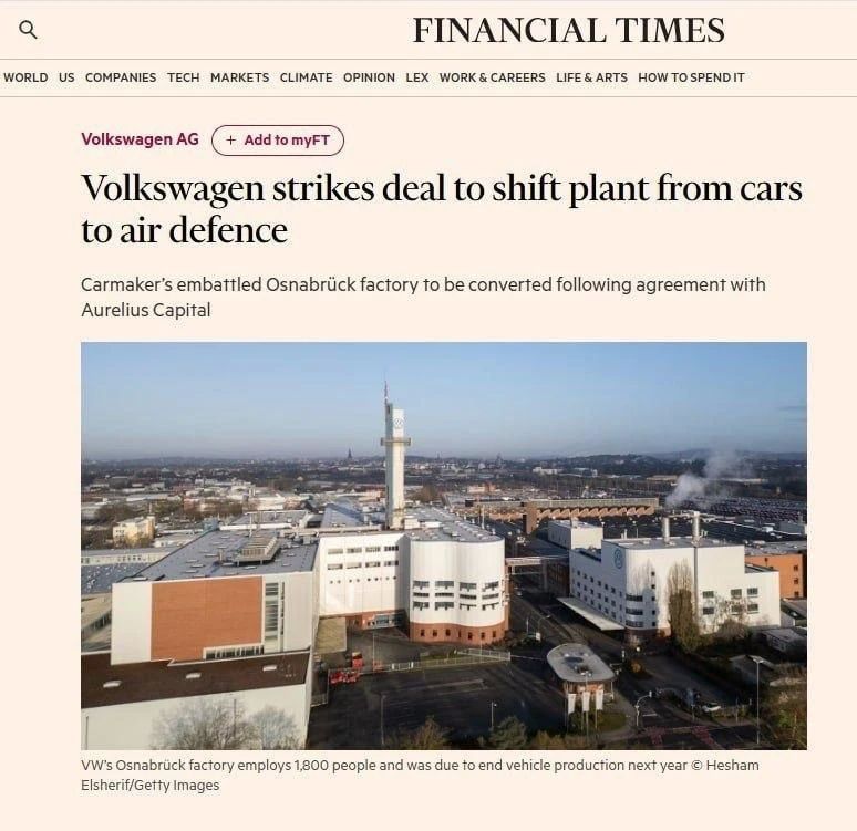 Volkswagen отдаст завод в Оснабрюке под производство ПВО: автопром Германии повторяет сценарий Третьего рейха