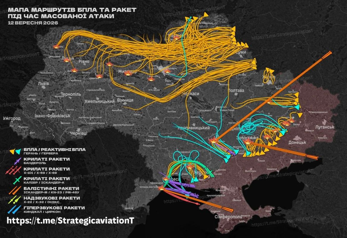 Схема ударов по Украине 12 сентября по версии противника