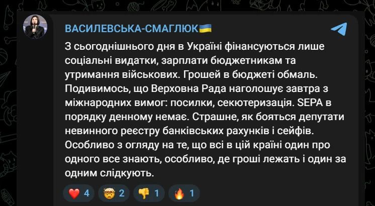 Денег в бюджете Украины почти не осталось, заявила депутат Верховной рады Василевская-Смаглюк