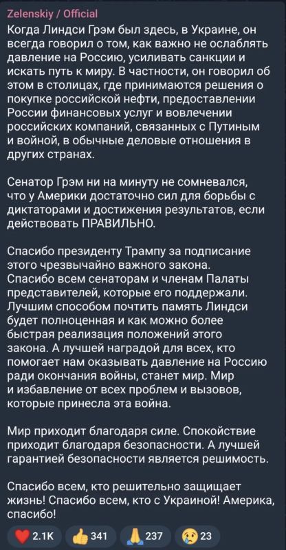 «Почтить память Линдси*»: Зеленский поблагодарил Трампа за закон об «адских санкциях»