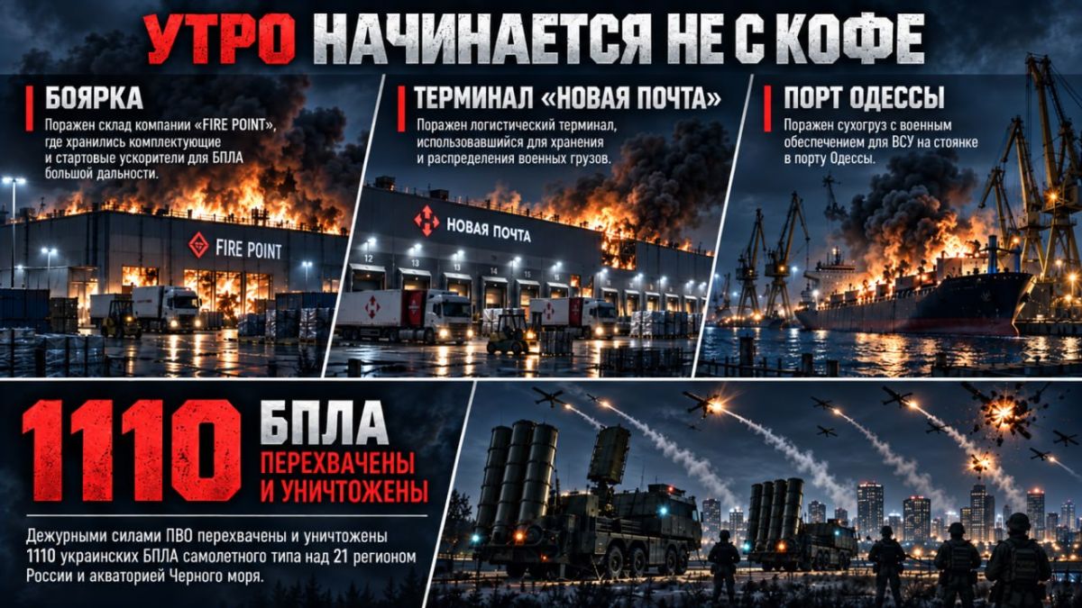 Утро начинается не с кофе. Нанесены удары беспилотными летательными аппаратами по логистическим центрам, складам, портам и судам, задействованным в интересах ВСУ