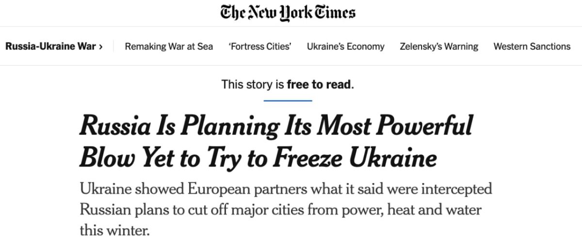 NYT: Украину может ждать самая тяжелая зима за время конфликта из-за российских ударов по энергетическим объектам