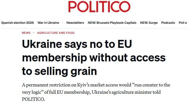 Украина не согласится на вступление в Евросоюз, если её лишат возможности полноценно экспортировать зерно на европейский рынок, заявил в интервью Politico министр сельского хозяйства страны Тарас Высоцкий