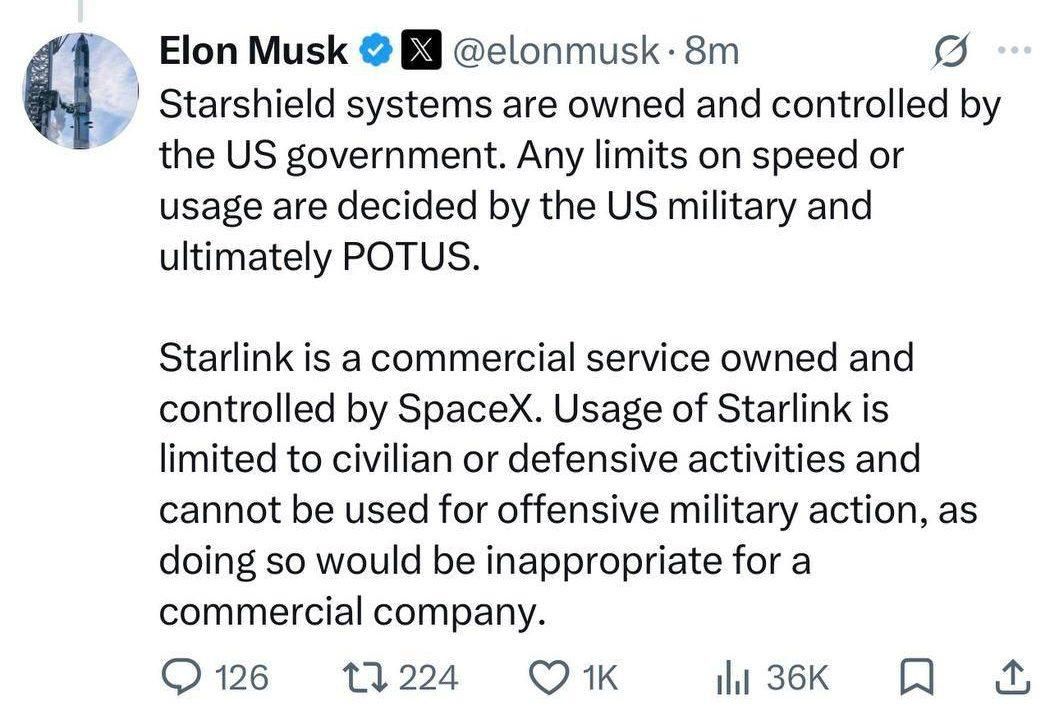 Маск заявил, что это не (!!) он ограничил работу Starlink для Украины, а военные и президент США!