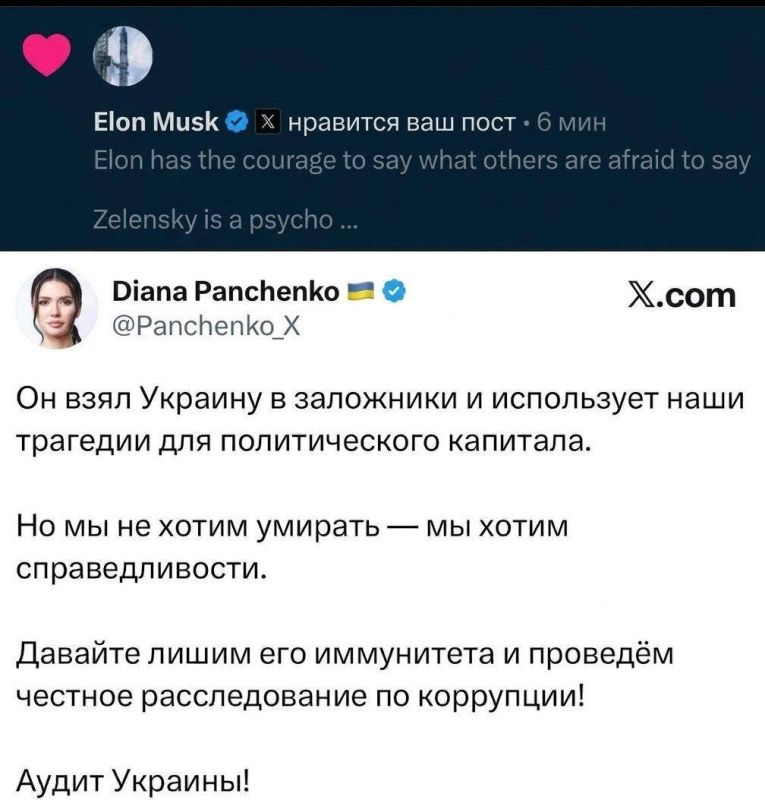 Маск поддержал пост украинской журналистки Дианы Панченко о том, что Зеленский — псих, которого нужно лишить президентского иммунитета