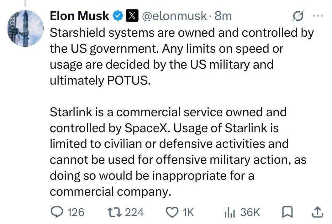 На предъявы Зеленского Маск ответил, что не он ограничил функционирование Starlink — по его словам, системы Starshield принадлежат правительству США, а все ограничения по их применению устанавливают американские военные и, в...