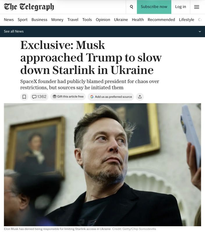 Владимир Корнилов: Сегодня с первой полосы The Daily Telegraph сообщает главный свой «эксклюзив»: оказывается, Илон Маск лично пришел к Дональду Трампу с идеей замедлить Старлинк для Украины