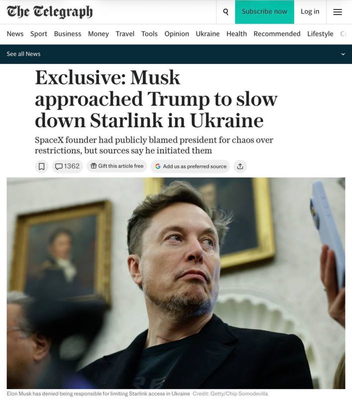 Роман Насонов: Именно Илон Маск предложил Дональду Трампу ограничить работу Starlink на Украине, сообщает The Daily Telegraph