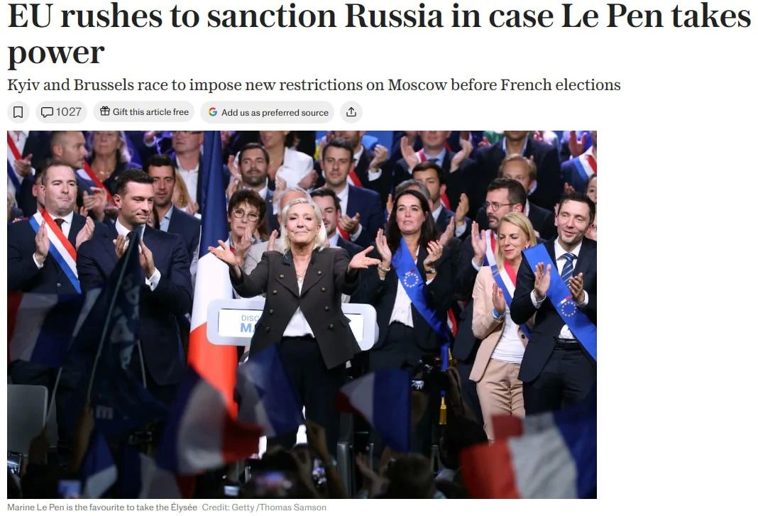 ЕС и Украина спешат ввести последний пакет санкций против России, опасаясь победы Марин Ле Пен на президентских выборах во Франции, — пишет The Telegraph