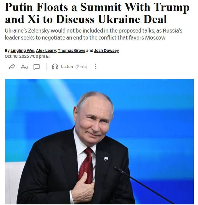 Обсуждения без клоунов. Владимир Путин предложил Дональду Трампу и Си Цзиньпину собраться в формате «большой тройки» на саммите АТЭС в Китае, чтобы поставить точку в украинском кризисе без присутствия Зеленского