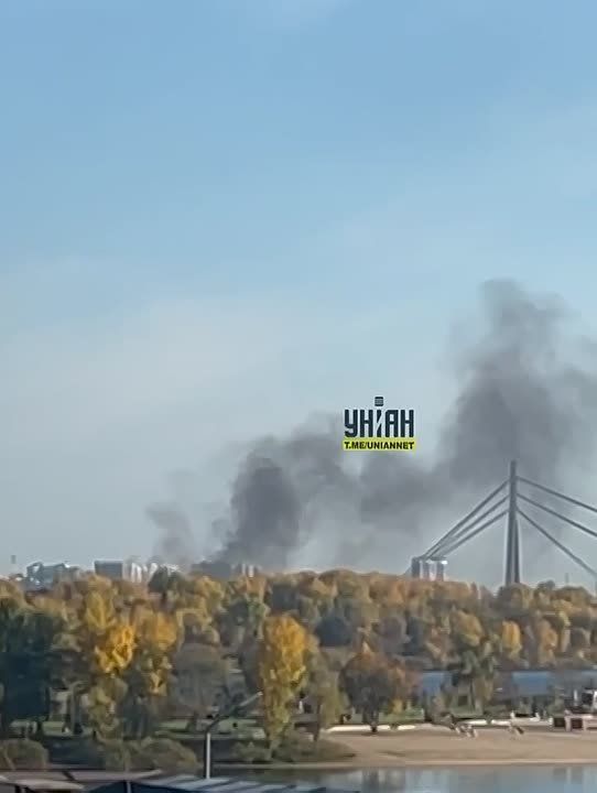 Кадры пожара в районе Северного моста в Киеве: обломки БЛА, вероятно, упали возле парка неподалеку